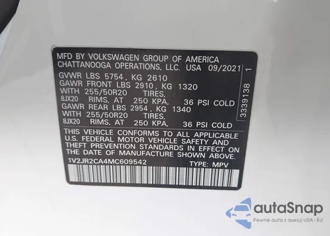 2021 Volkswagen Atlas 3.6L V6 Se W/Technology from USA, damaged, VIN 1V2JR2CA4MC609542